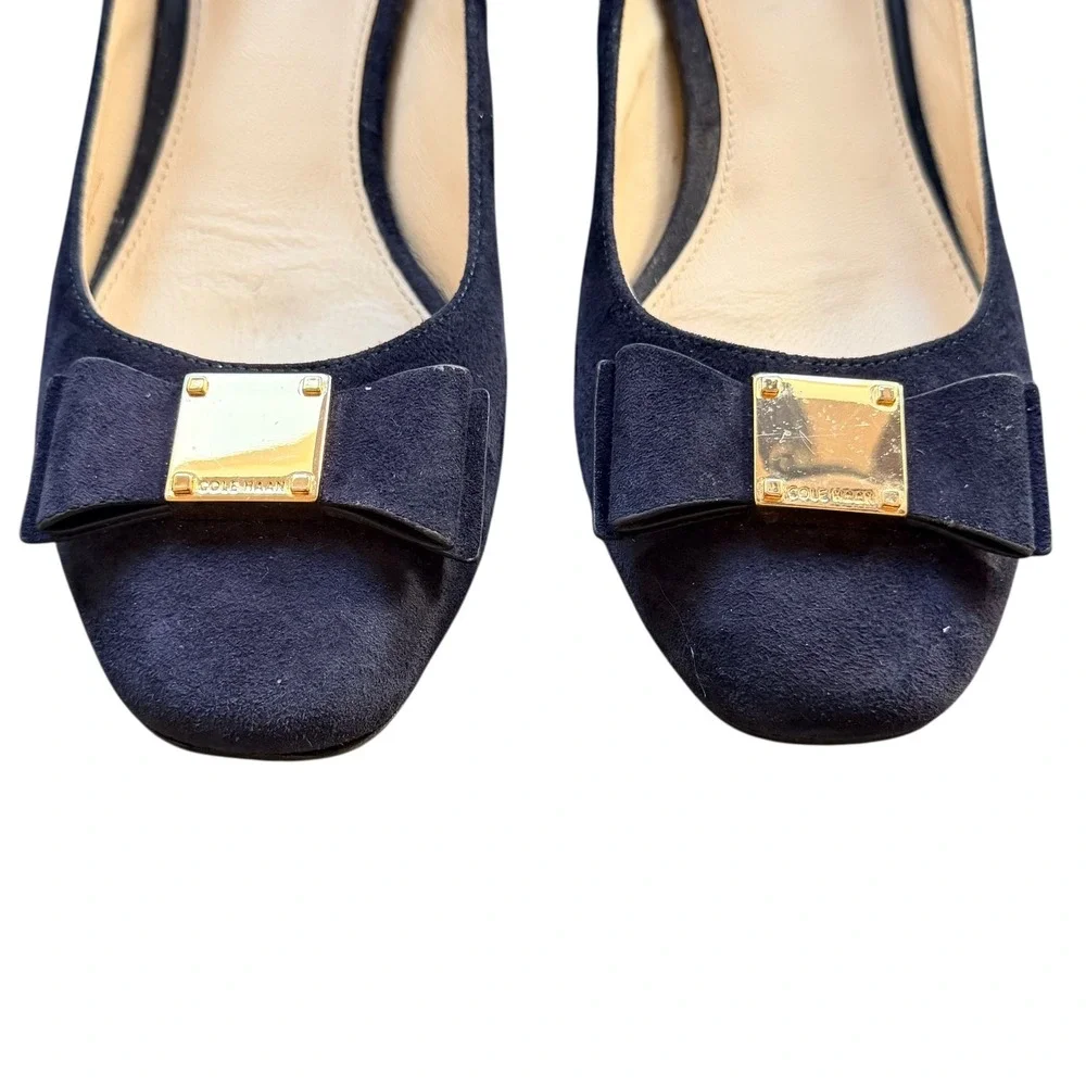 Cole Haan Womens Tali Bow Block Heel Pump Blue Suede Feminine Career Size‎ 7B